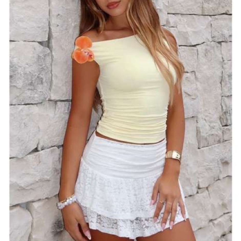 White Fox Boutique Cream One-Shoulder Ribbed Top
